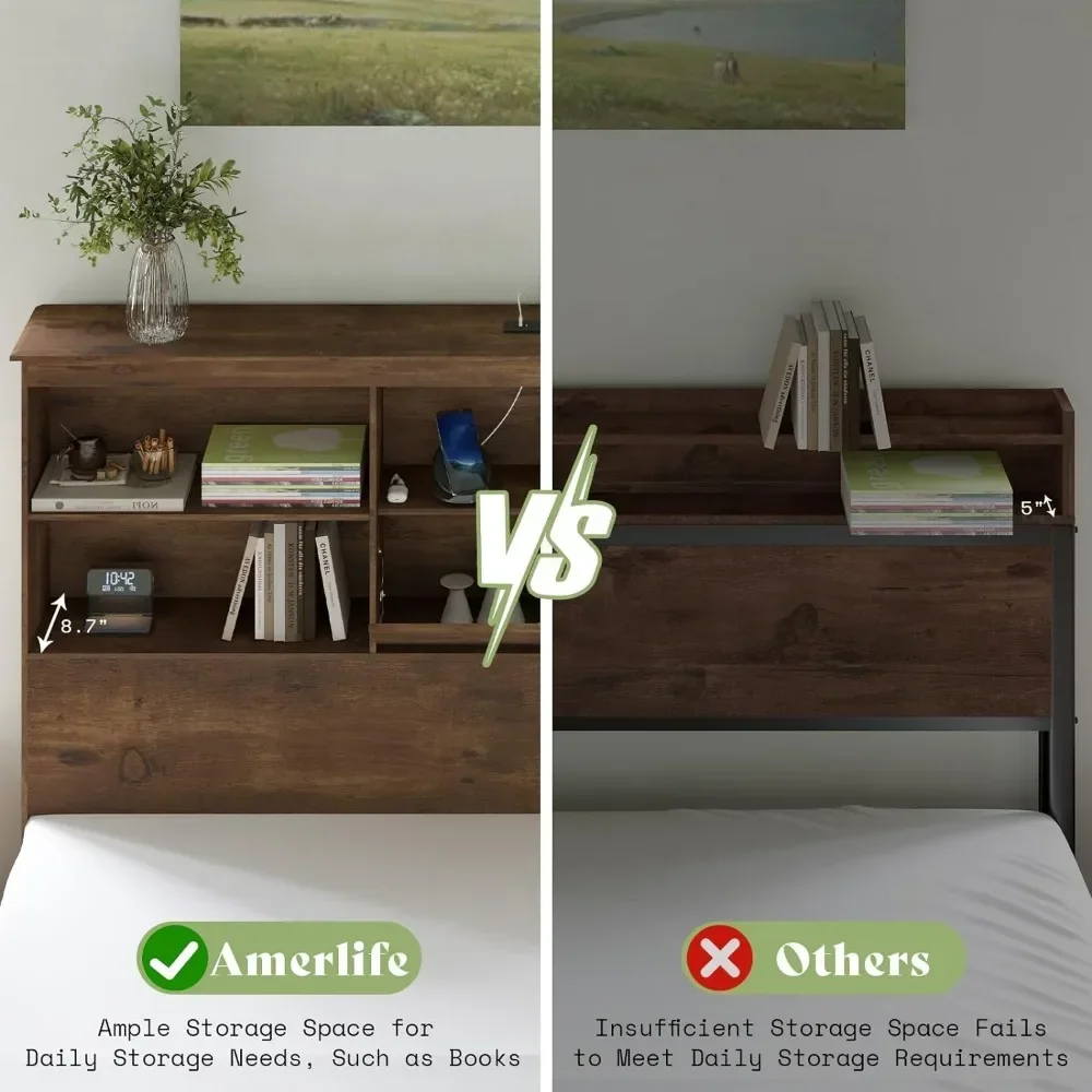 Bed Frame Wooden Platform Bed With 51.2" Storage LED Bookcase Headboard,4 Storage Drawers&Charging Station/No Box Spring Needed