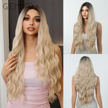 Peluca rizada larga sintética Rubio claro Ombre peluca de pelo ondulado profundo con flequillo para mujeres Cosplay parte media pelo resistente al calor