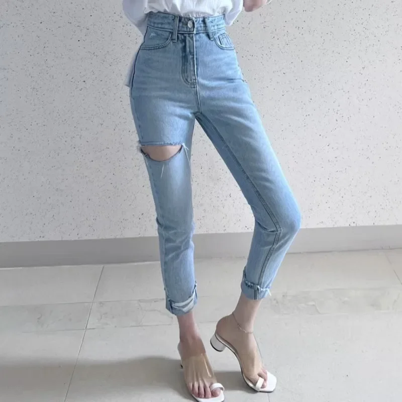 Vintage Blue Jeans Women Streetwear Ripped Hole summer  Chic Pencil Pants Ladies Korean Elegance Soft Denim Jeans Mom