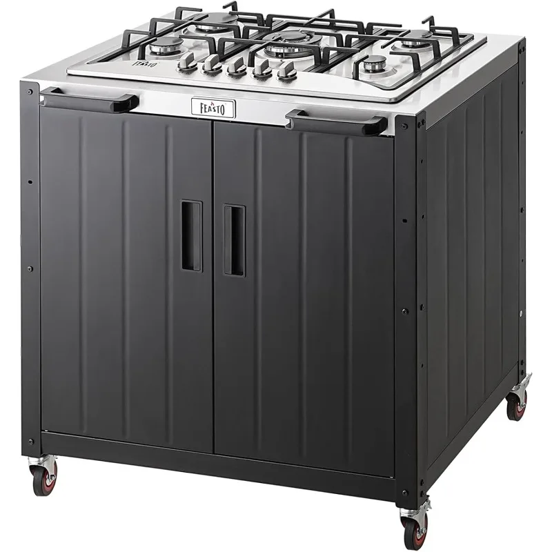 Gas Grill, Movable Outdoor Gas Stove Stainless Steel Top with Cabinet, 5 Burners with 36,200 BTUs