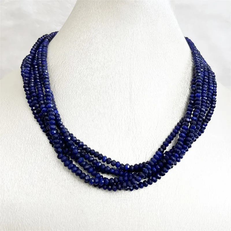 3*4MM kalung Lapis mengoptimalkan biru segi 1/3/6 helai kalung rantai manik-manik multilapis dapat disesuaikan untuk hadiah Prom