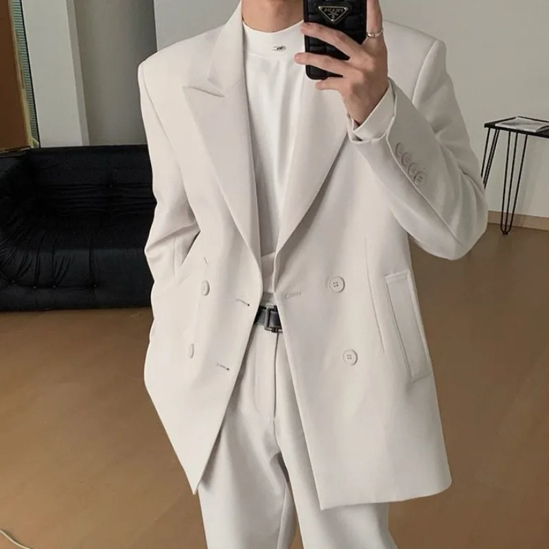 

​Casual Cool Tone Apricot Blazer For Men Double Breasted Versatile Layering Piece Autumn Winter Fashion Premium Texture​