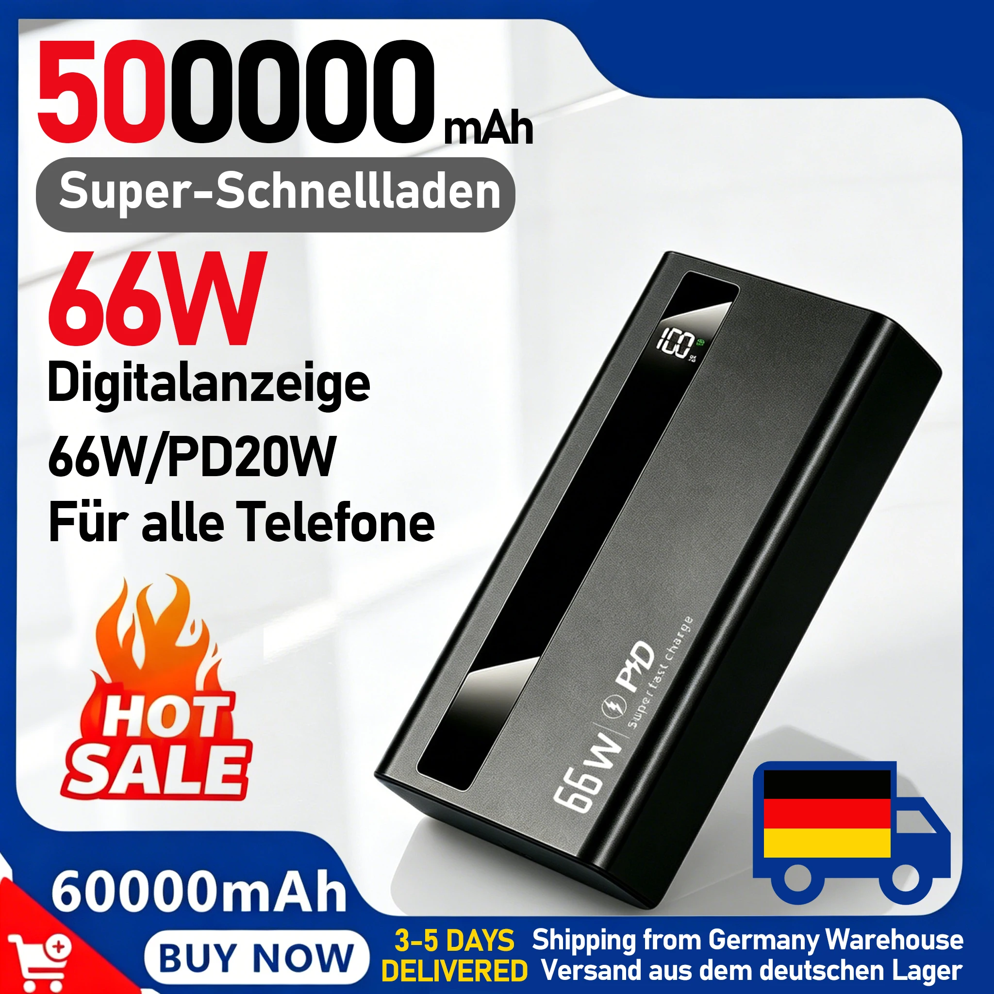 66W/60000mAh Powerbank mit hoher Kapazität, schnelles Laden, hochauflösende Bildschirmanzeige, 4 Ausgänge und 2 Eingänge, Lithiumbatterie, leicht zu transportieren, geeignet für iPhones, Laptops,