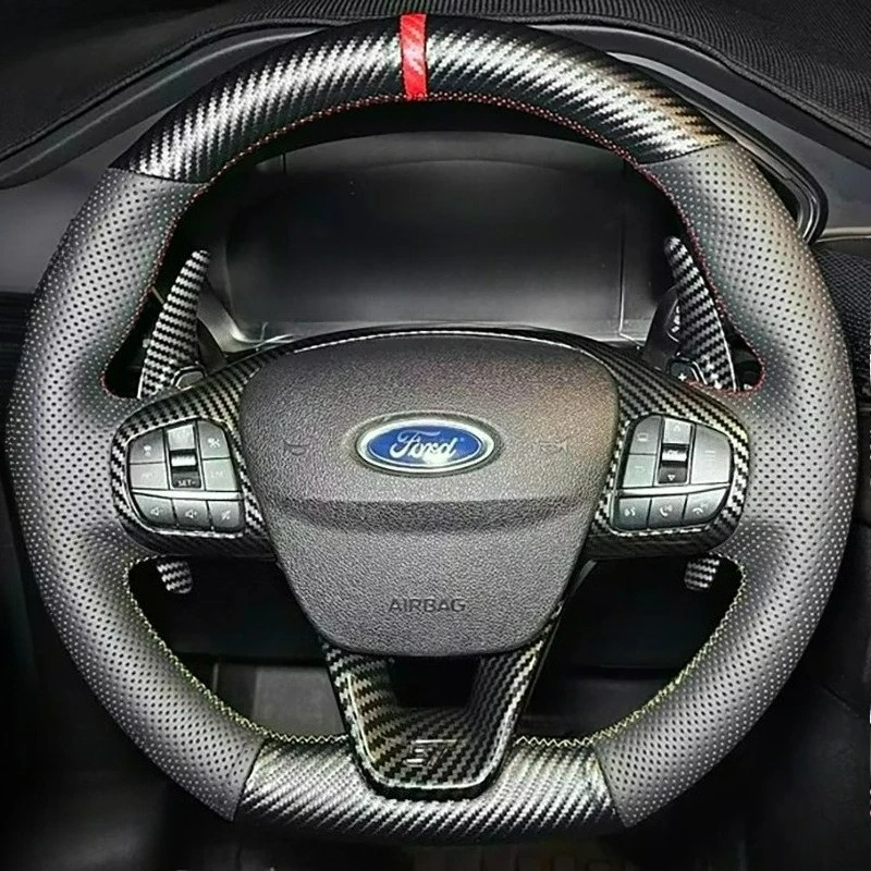 

Hand-stitched renovation black Leather car steering wheel cover For Ford Focus 4 2019 2020 Fiesta 2017-2019 Tourneo 2018 2019
