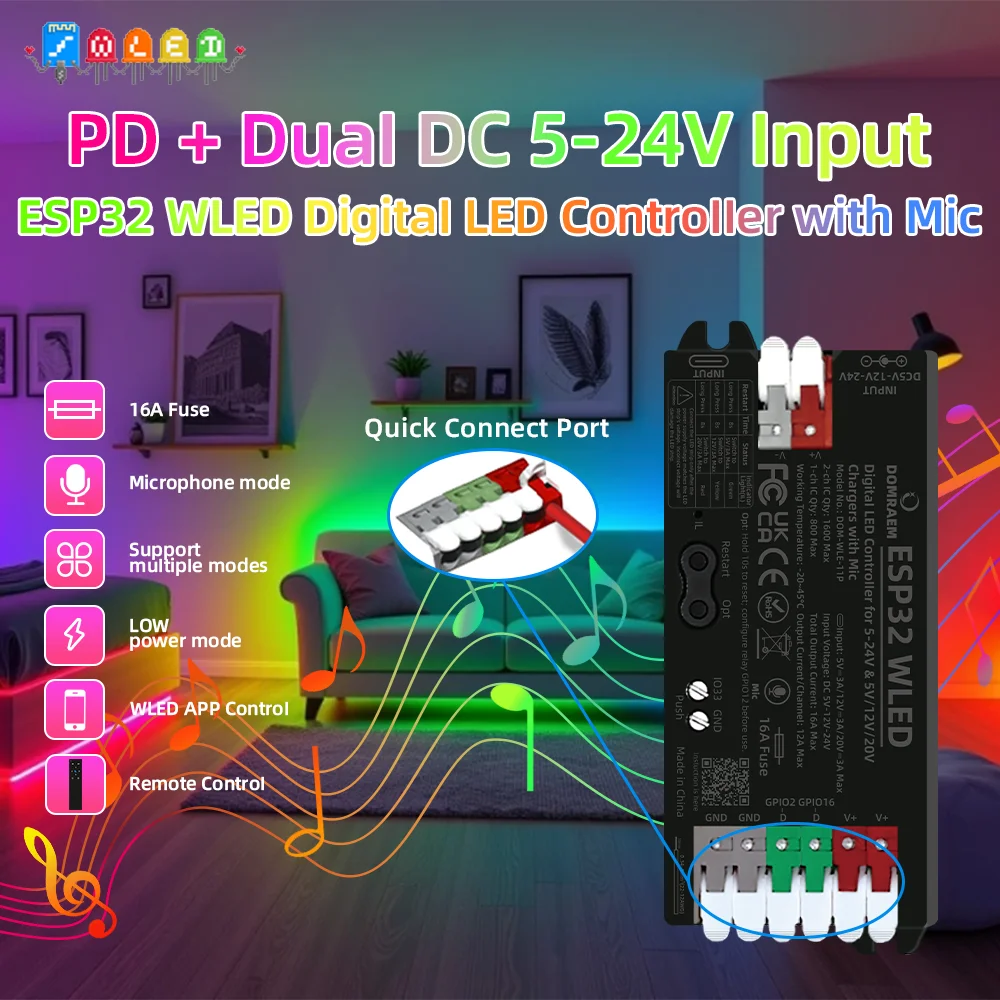 

DOMRAEM ESP32 2CH WLED Addressable LED Controller with Built-in Microphone Supports PD 5V/12V/20V & DC 5-24V Wide Input 16A Fuse