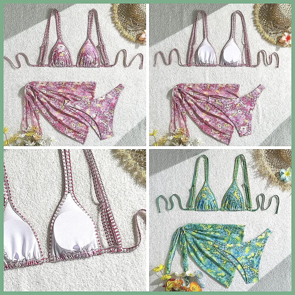 

3Pcs Brazilian Bikini Set for Women, Sexy Swimwear Beach Bathing Suits with High Waist Bottom