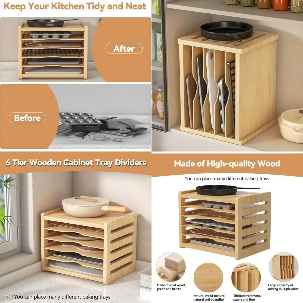 

Kitchen Cabinet Wooden 6-Tier Tray Dividers, Vertical Organizer for Baking Sheets, Pans & Cutting Boards, 13.1x16.6x12.4
