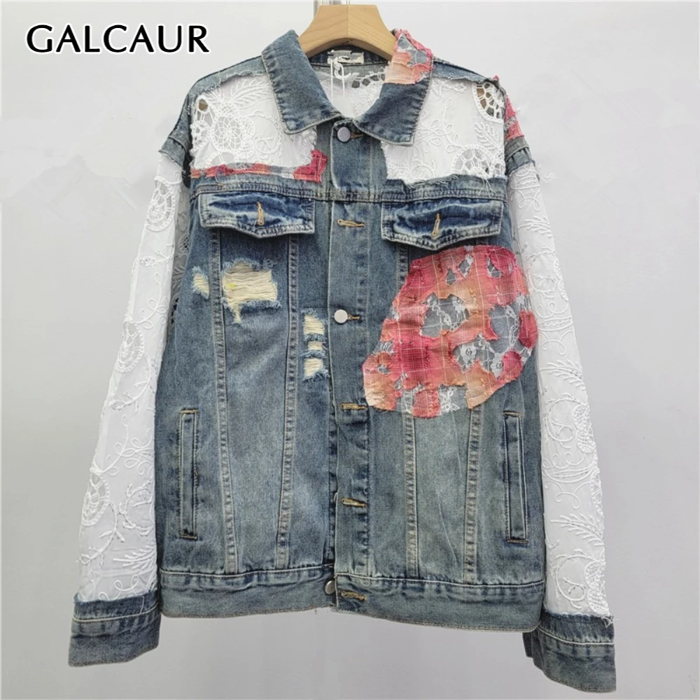 

GALCAUR Blue Spliced Hollow Out Chic Jacket Female Lapel Long Sleeve Loose American Retro Women's Jackets Autumn Fashion Style