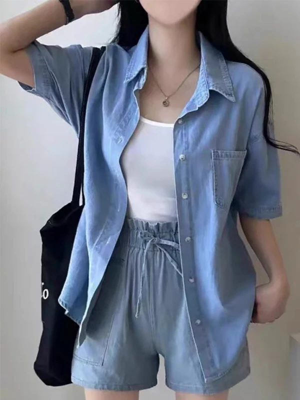 Summer Casual Sporty Denim Simulation Women's Set Loose Short Sleeve Shirt Shorts Two-Piece Set High Waist Polyester Fiber