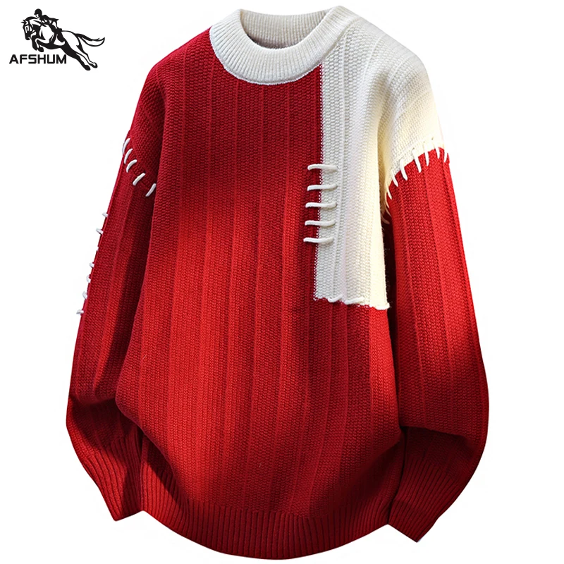 

Мужской свободный вязаный свитер, осенне-зимняя новинка, повседневный свободный свитер с лоскутным узором, молодежный вязаный свитер 24605