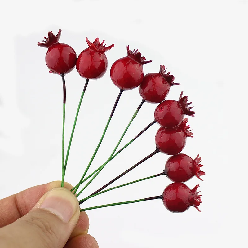 10pcs Small Fruit Berries With Stem Simulation Pomegranate Artificial Flower Red Christmas Cherry Stamen DIY Wreath Supplies