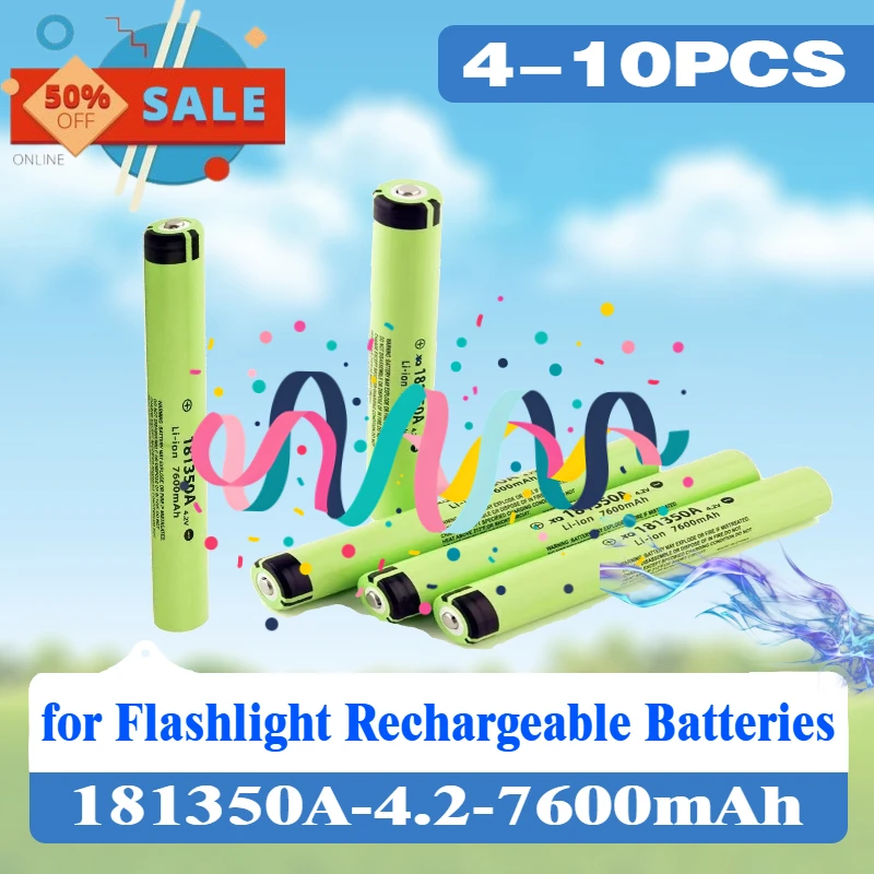 

4-10PCS High-Capacity 4.2V 7600mAh 181350A Rechargeable Lithium Battery for Flashlight Rechargeable Batteries