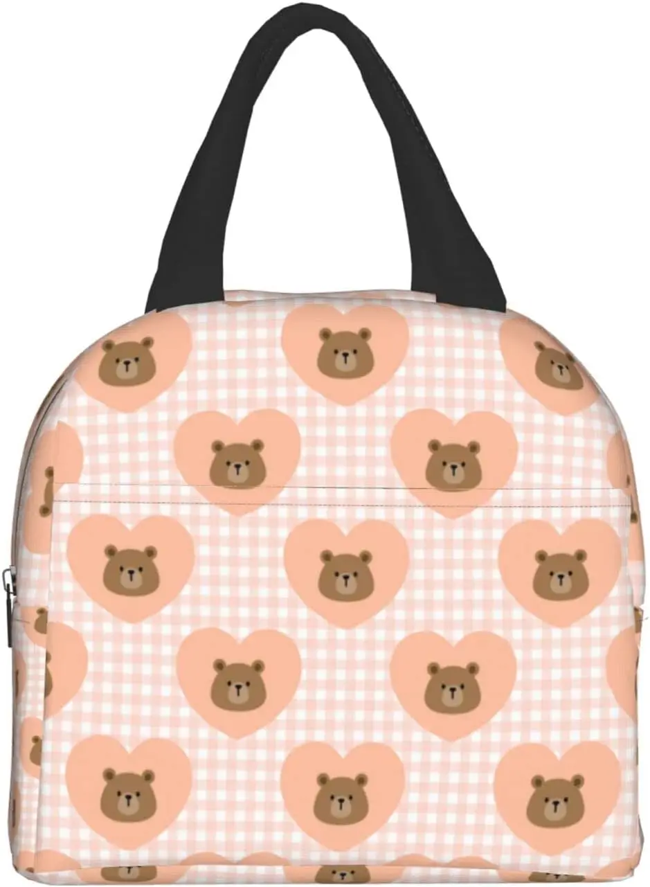 

Kawaii Bear With Heart On Tartan Insulated Lunch Box Reusable Lunch Bags Meal Portable Container Tote For Men Women Work Travel