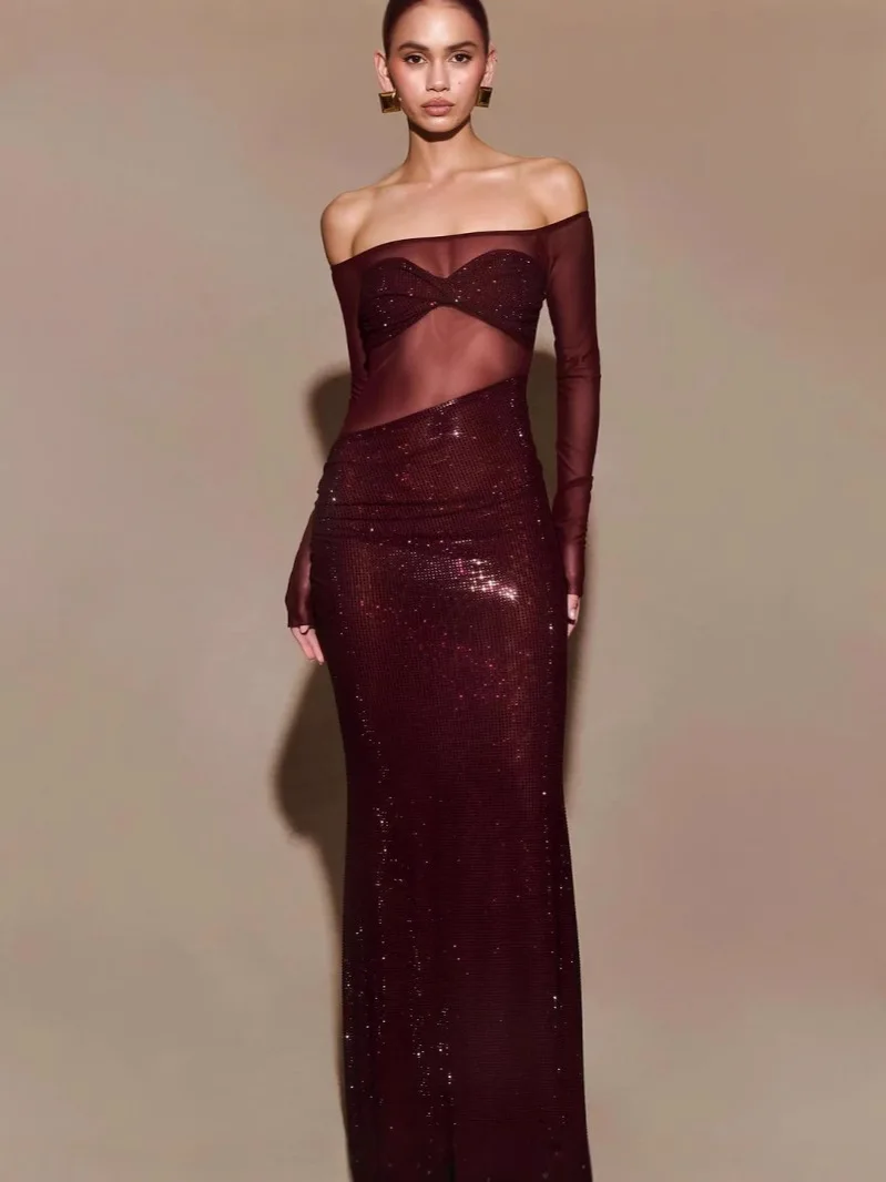 

JHJN French Women Fashionable Hot Stamping Boat Neck Long Sleeves Hollow-Out Waist-Cinching Fish Tail Dress Banquet Dress