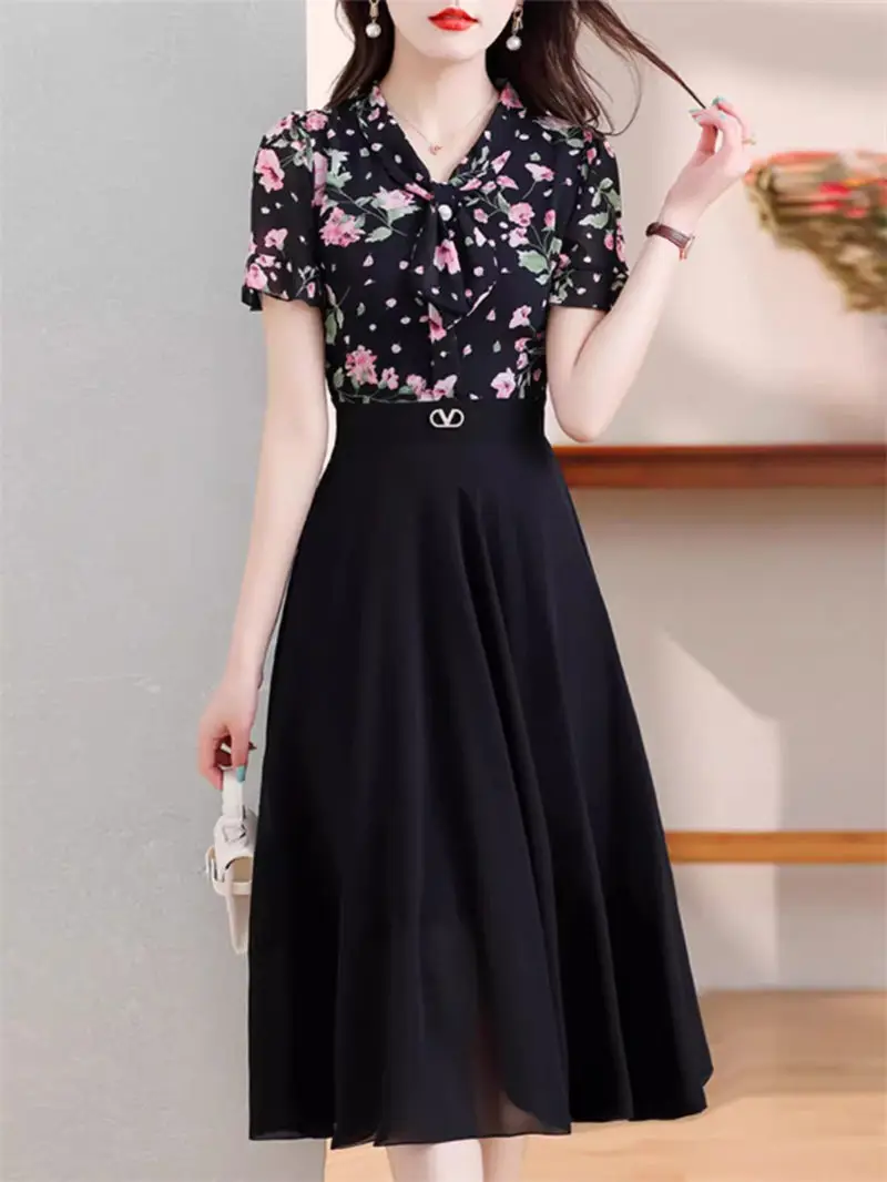 

Summer Chiffon Dress 2024 New Women's Wear Printed Mom Popular Korean Clothing Beautiful Fake Two Piece Dress Short Sleeve k1000