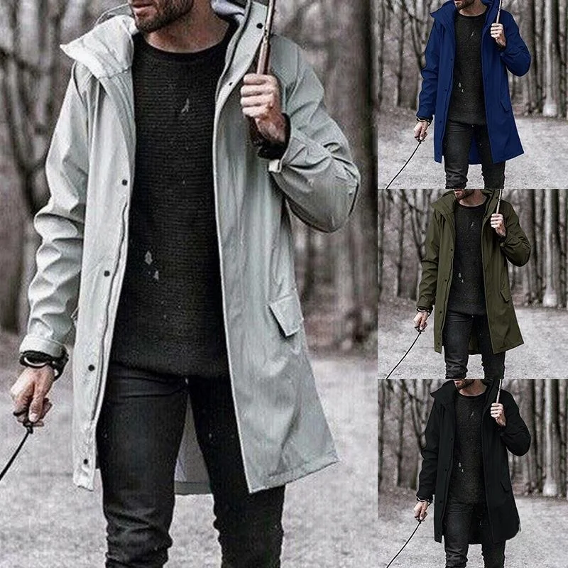 

Men's Warm Hooded Long Jaet Zipper Closure Slim Fit Autumn Faion Color Windbreaker Coat