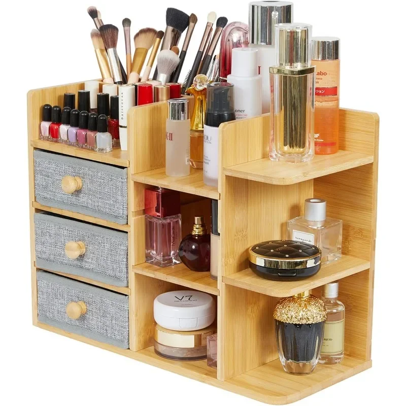 Makeup Organizer Countertop,Large Capacity Cosmetic Skincare Organizers With 3 Makeup Brush Holder/3 Drawer/7 Shelf,Make Up