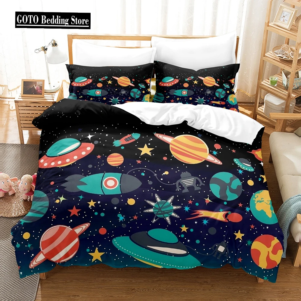 

Space Bedding Boys Cute Space Alien Duvet Cover Green Rocket Ship Cartoon Planet Comforter Cover Black Bedding Set for Kid Teen