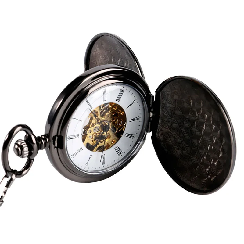 Montre de Poche Antique Noire avec Boîtier Lisse, Horloge Mécanique à Remontage Manuel, Double Hunter FOB, Numéro JORoman, Modules Unisexes