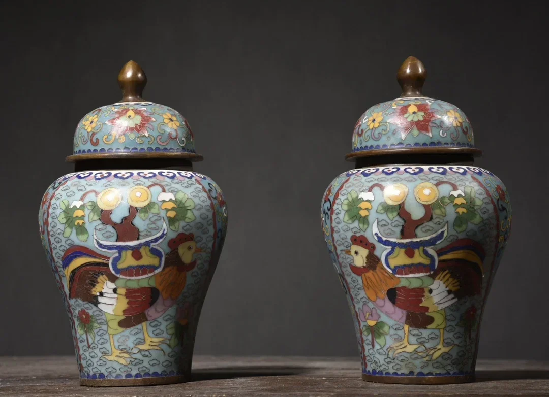 

10"Tibetan Temple Collection Old Bronze Cloisonne Enamel Rooster Pattern General jar Storage Bottle A pair Ornaments Town house