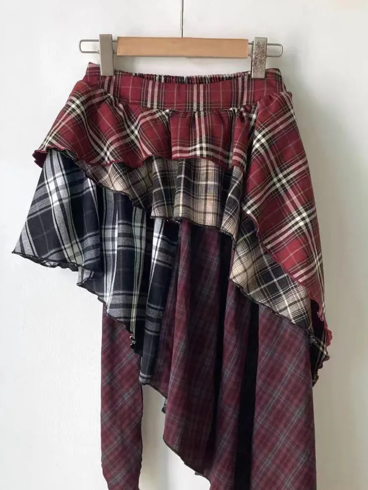 [EWQ] Streetwear High Waist A-line Skirts Vintage All-match Clothing Irregular Patchwork Red Plaid Design Skirt Faldas 16U9037