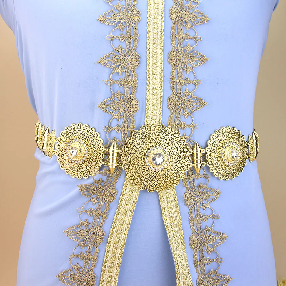 Sunspicems Gold Color Morocco Style Women Waist Belt Hand Rope Chain Tassels Band Arabic Caftan Belt Bridal Wedding Jewelry