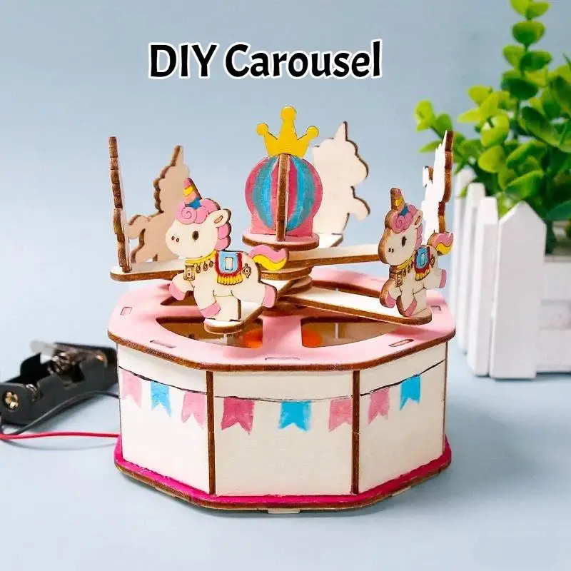 New Wooden Carousel DIY STEM Building Kit Simple Assembly Cute Model For Kids Science Projects Home School Play