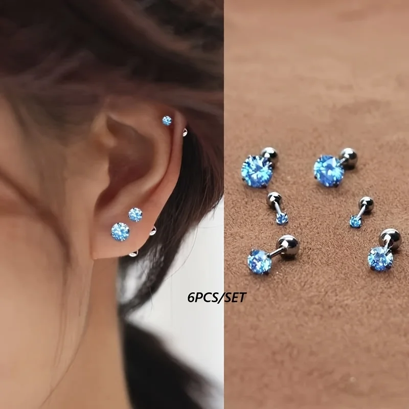 6pcs/SET Large, Medium, And Small 3 Pairs of Hypoallergenic Stainless Steel Screw-On Ear Bone Studs