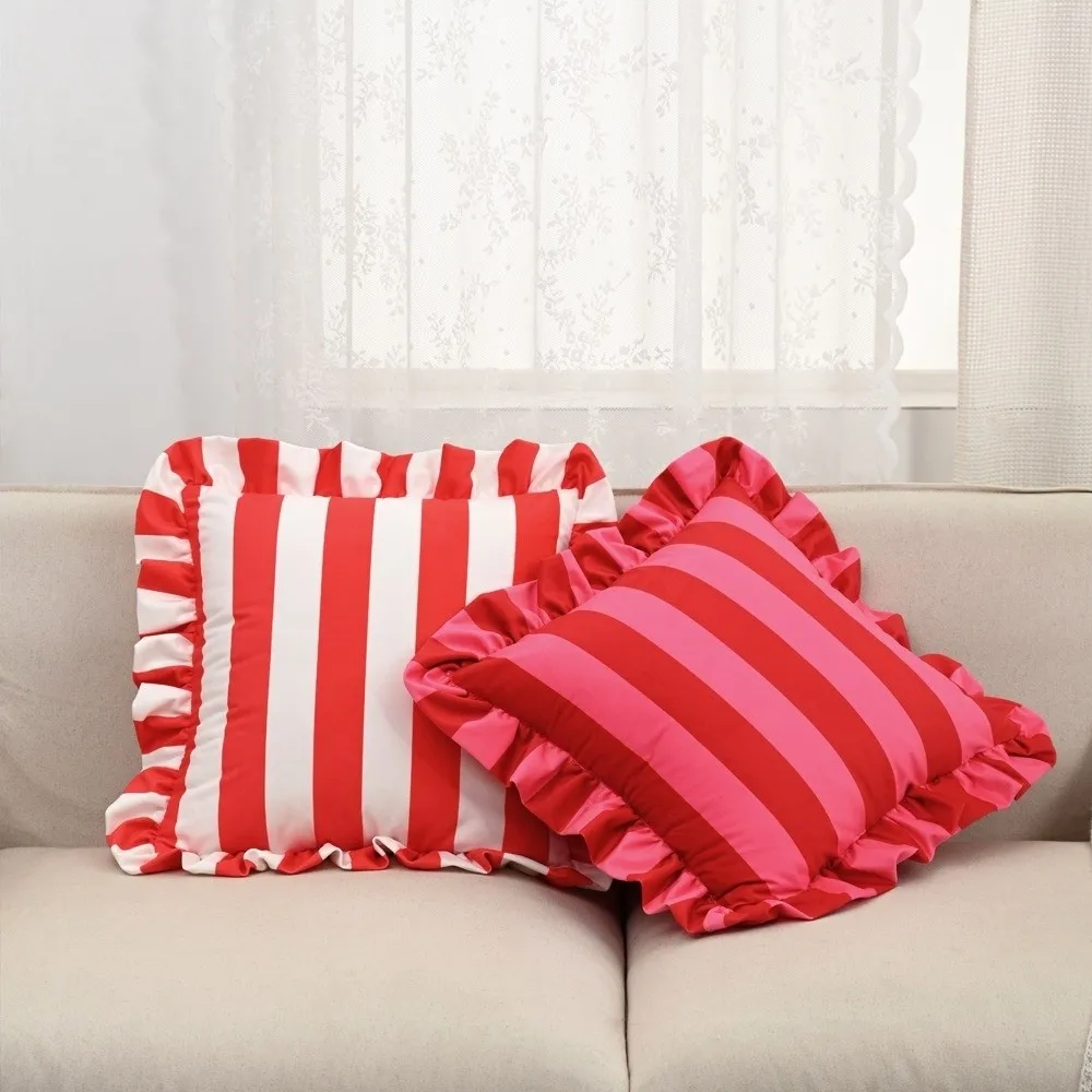 INS Striped Pillowcase Velvet Soft Pillow Case Home Decor Lotus Leaf Skirt Edge Bedding Pillow Cover Bedroom Living Room