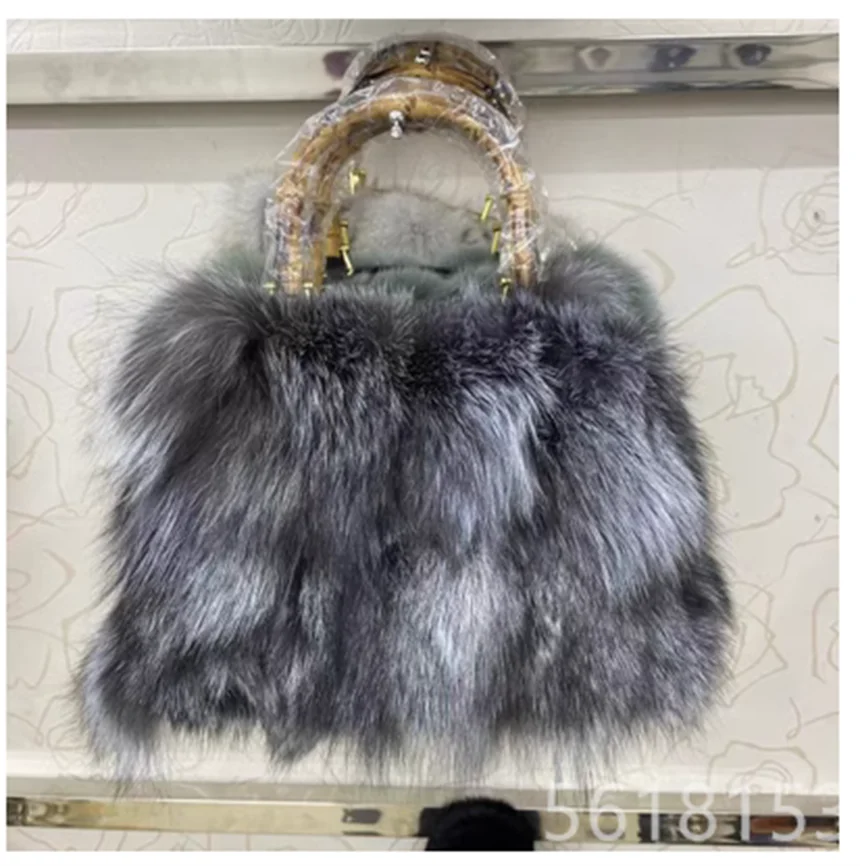 

New Gray Rabbit Hair Splicing Bag Women's Winter Wool Fur Warm Real Fur