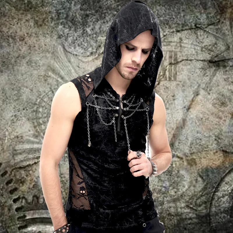 2025 Summer Rock Punk Steampunk Gothic Sleeveless Tank Top with Rivet Chain Hollow Men's motorcycle Hoodie Tank Top.