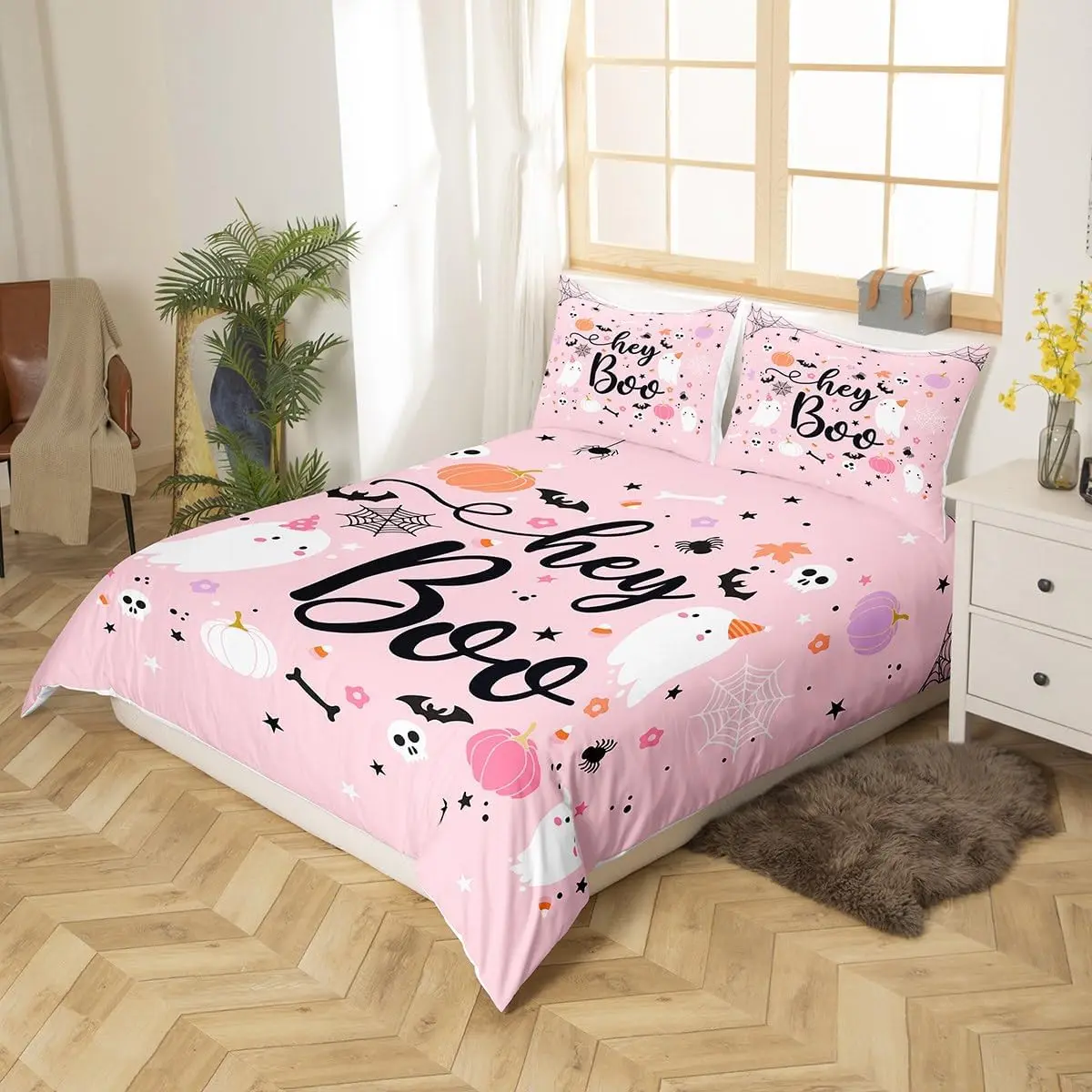 الوردي أشباح حاف مجموعة غطاء حجم واحد هالوين موضوع طقم سرير 2/3 قطعة الاطفال فتاة غرفة ديكور القوطية الجمجمة العنكبوت الخفافيش اليقطين #2