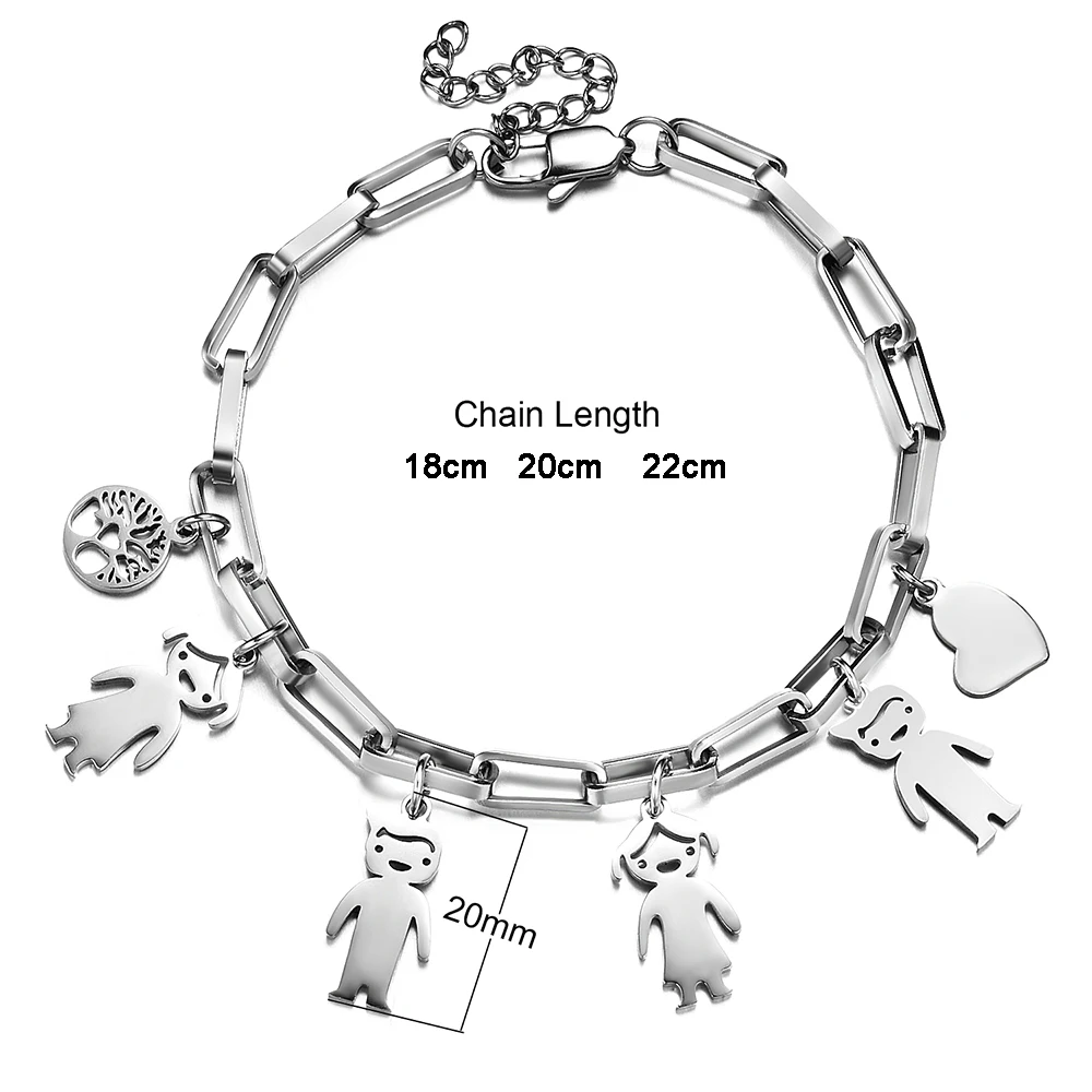 Custom Name Bracelet Stainless Steel Chain Personalized Boy Girl Family Name Children Kids Life Tree Heart Charms Bangle Jewelry