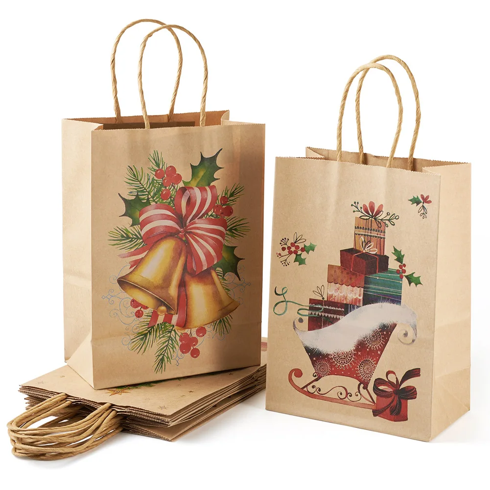 8Pcs Merry Christmas Gift Bags Bell Santa Claus Kraft Paper Bags with Handles Rectangle Jewelry Shopping Bag