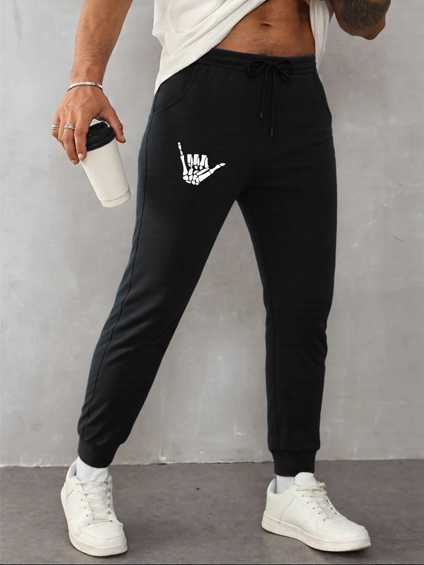 

Skeleton Hand Gesture Printing Mens Joggers Sweatpants All-Match Casual Autumn Soft Pants Pocket Comfortable Sportpants For Male