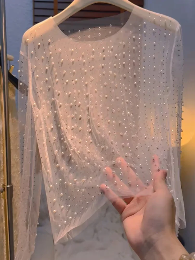 

Элегантный топ с длинными рукавами и бисером, модный, универсальный, больших размеров, осень 2025, новый французский стиль, круглый вырез