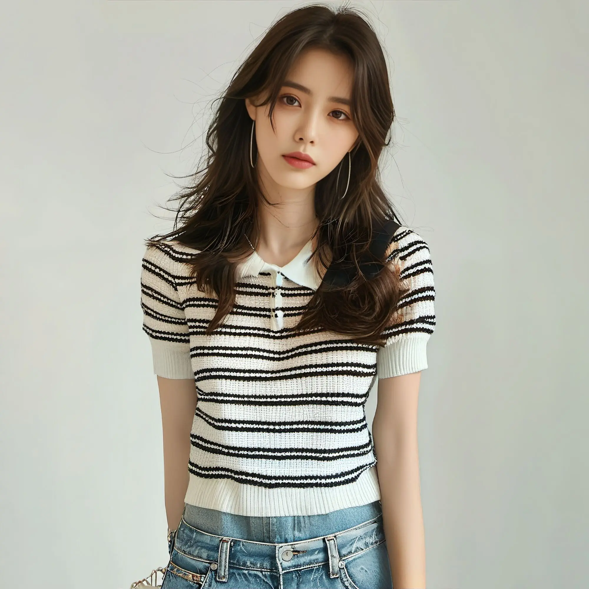 Korean Women's Kintted T-shirt Loose Striped Tank Tops Contrasting Color Vest Polo Collar Short Sleeve Casual Women's Clothing