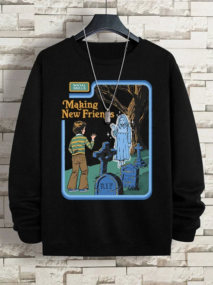 秋の新しい社会的スキル、新しい友達を作るプリントパーカー男性用カジュアルヒップホップスウェットシャツクルーネックプルオーバーハロウィンパーカー