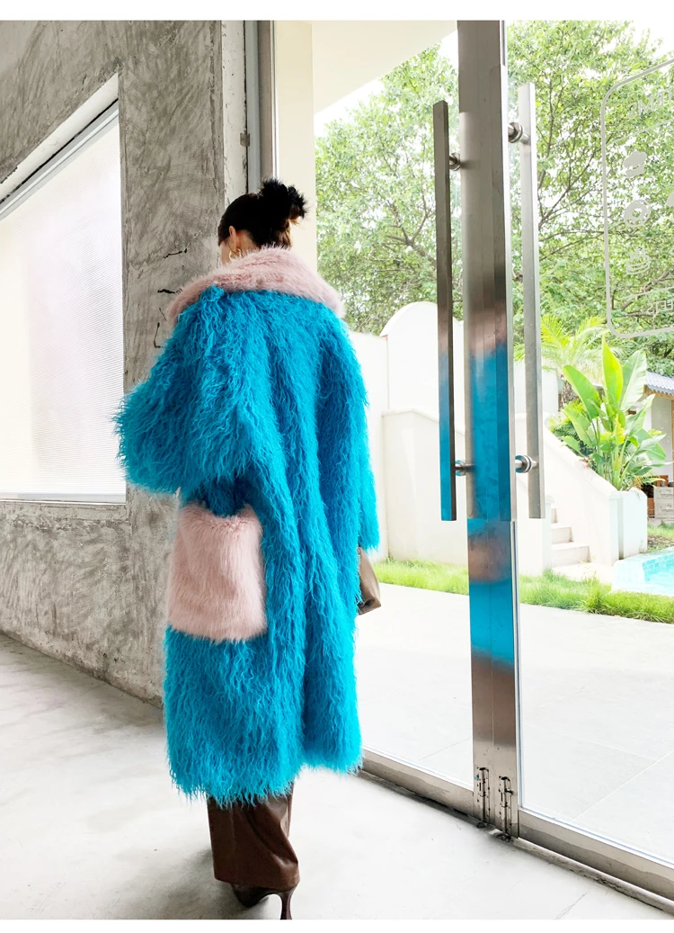 Original Design Blue Faux Fur Coat Female Fashion Baggy Lapel Long Jacket Lady Shaggy Outerwear Women\'s Winter Coats Promotion