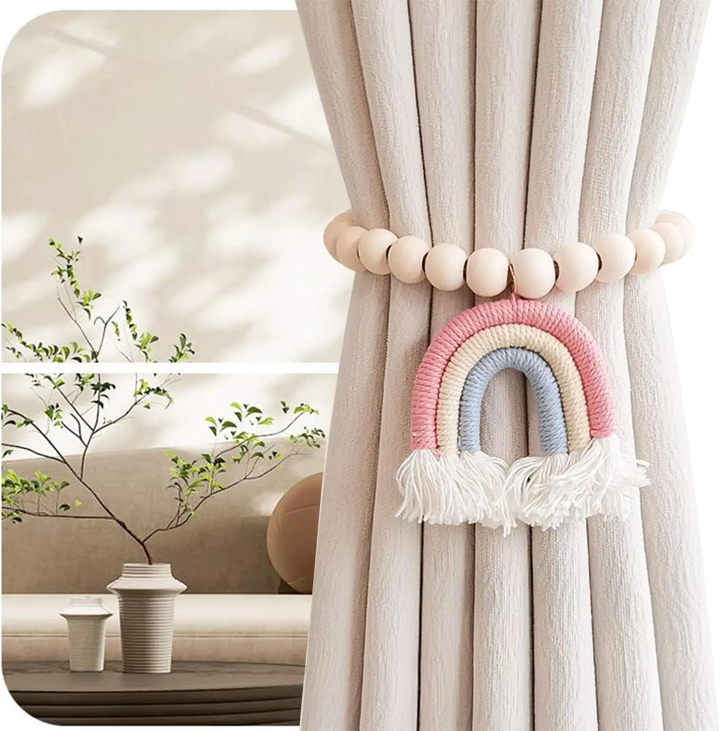 2 ชิ้นไม้ลูกปัดผ้าม่าน Tiebacks,พู่ผ้าม่านหัวเข็มขัดแม่เหล็กผ้าม่านหัวเข็มขัด,สายรุ้งพู่ผ้าม่าน Tiebacks สีชมพู