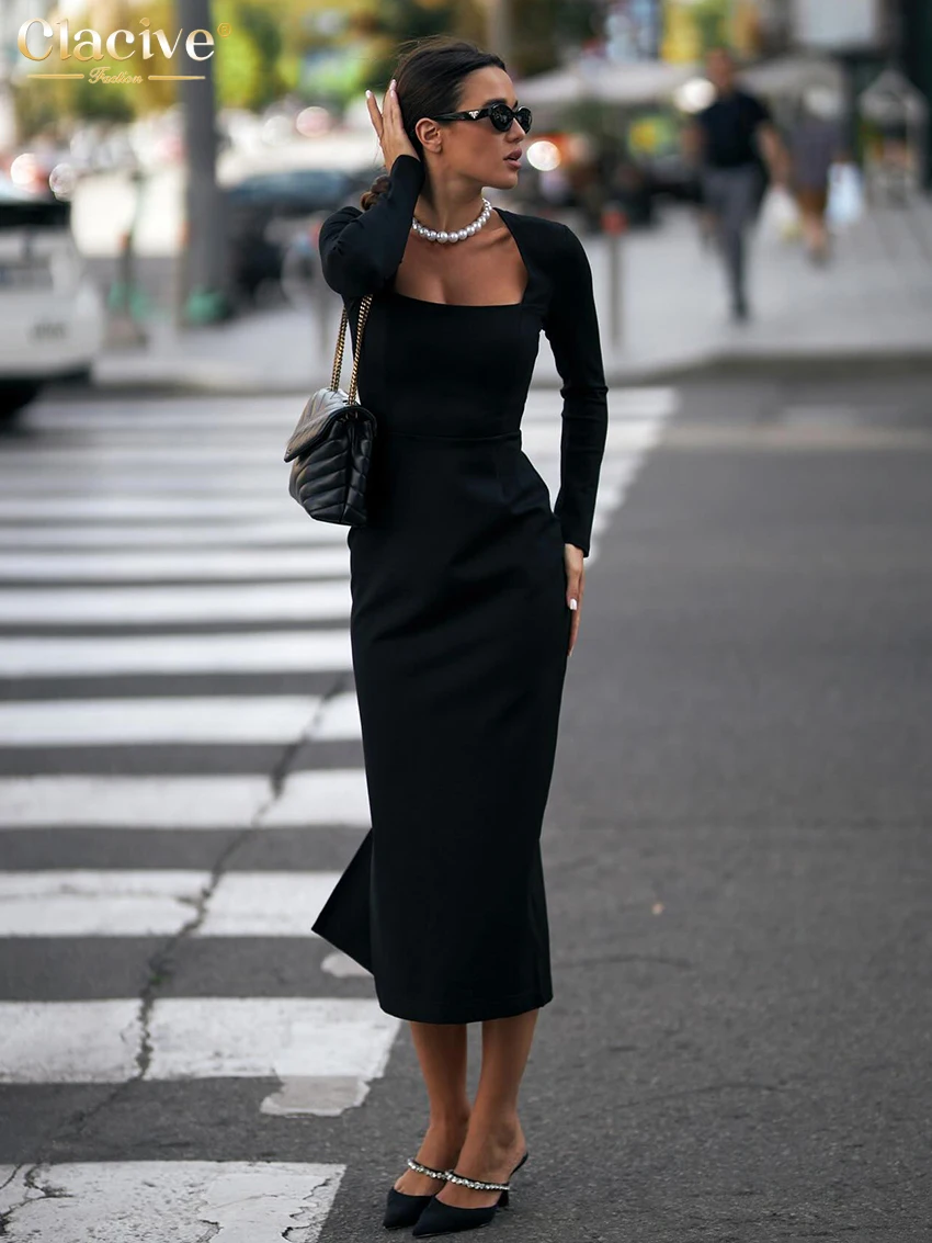 

Clacive Sexy Slim Black Dresses For Women Bodycon Square Collar Long Sleeve Midi Dress Elegant Classic High Waist Female Dress