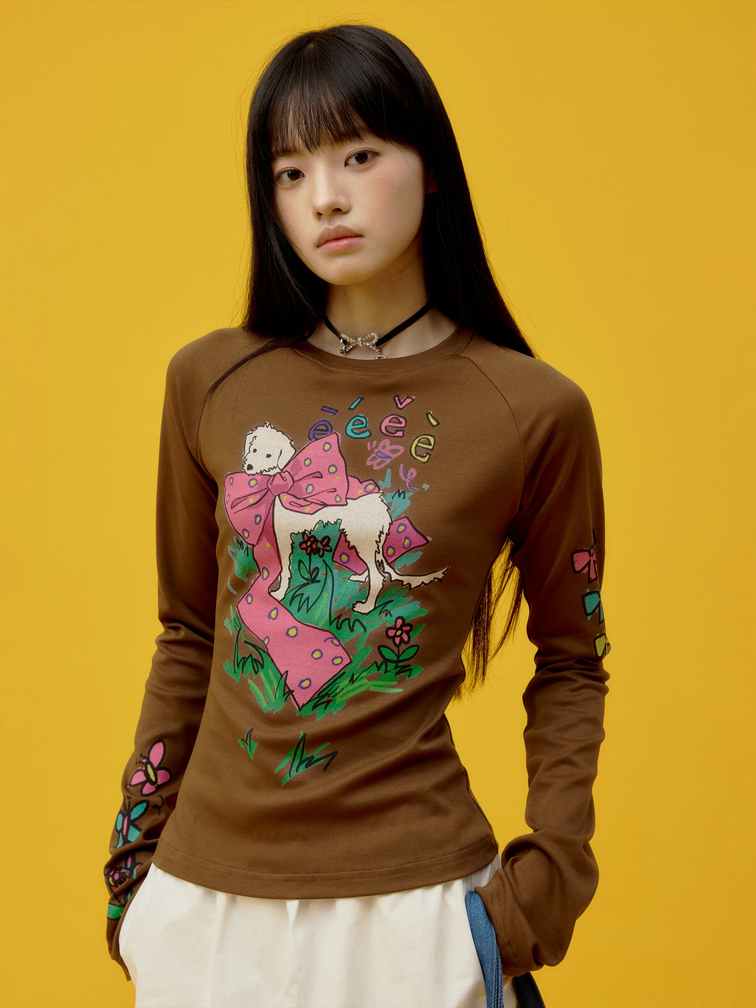 Slim Fit Hand-Drawn Graffiti Long Sleeve T-Shirt  Flower Teens Girls Cotton Polyester Blend Comfortable Breathable