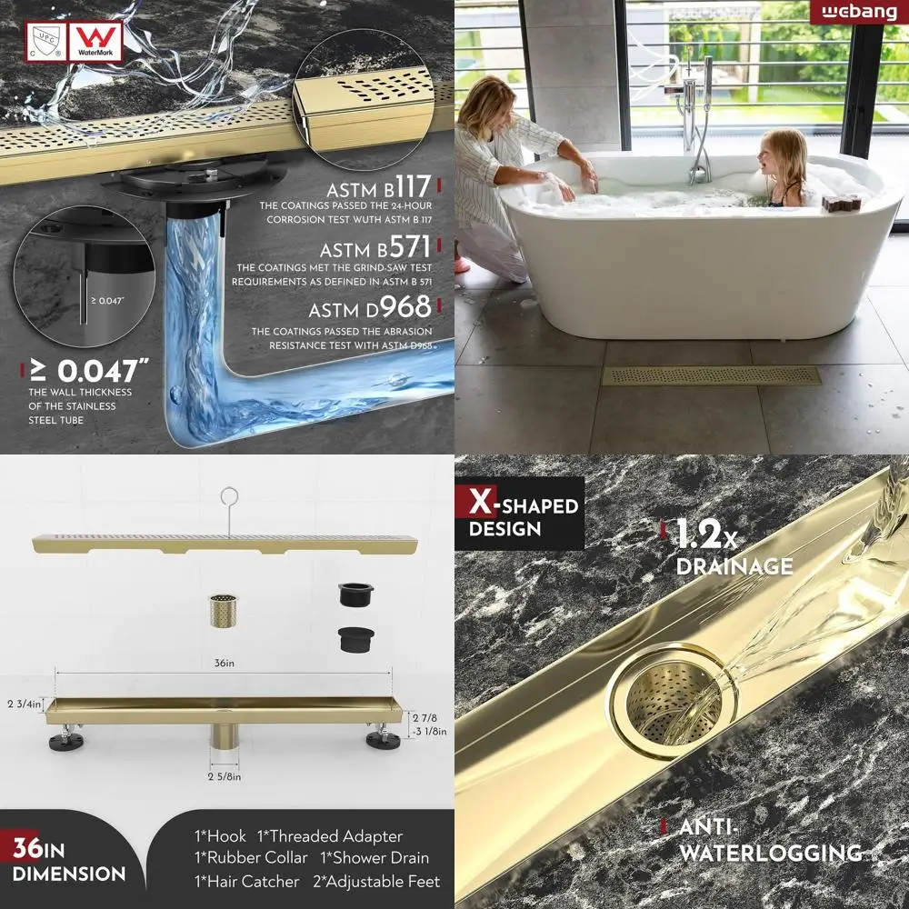 

36 Rectangular Linear Shower Drain with Wave-Pattern Cover, Brushed Gold Finish, CUPC Certified, SUS304 Stainless Steel