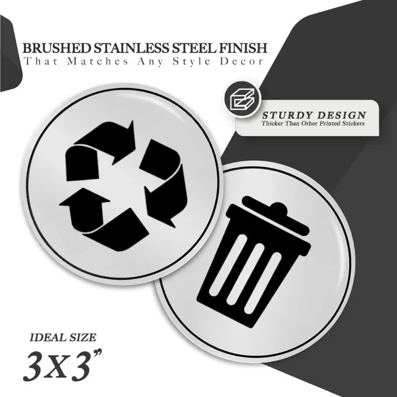 2Pcs Recycle and Trash Sticker Vinyl Modern Logo Symbol To Organize Trash Cans or Garbage Containers and Walls Small Silvery