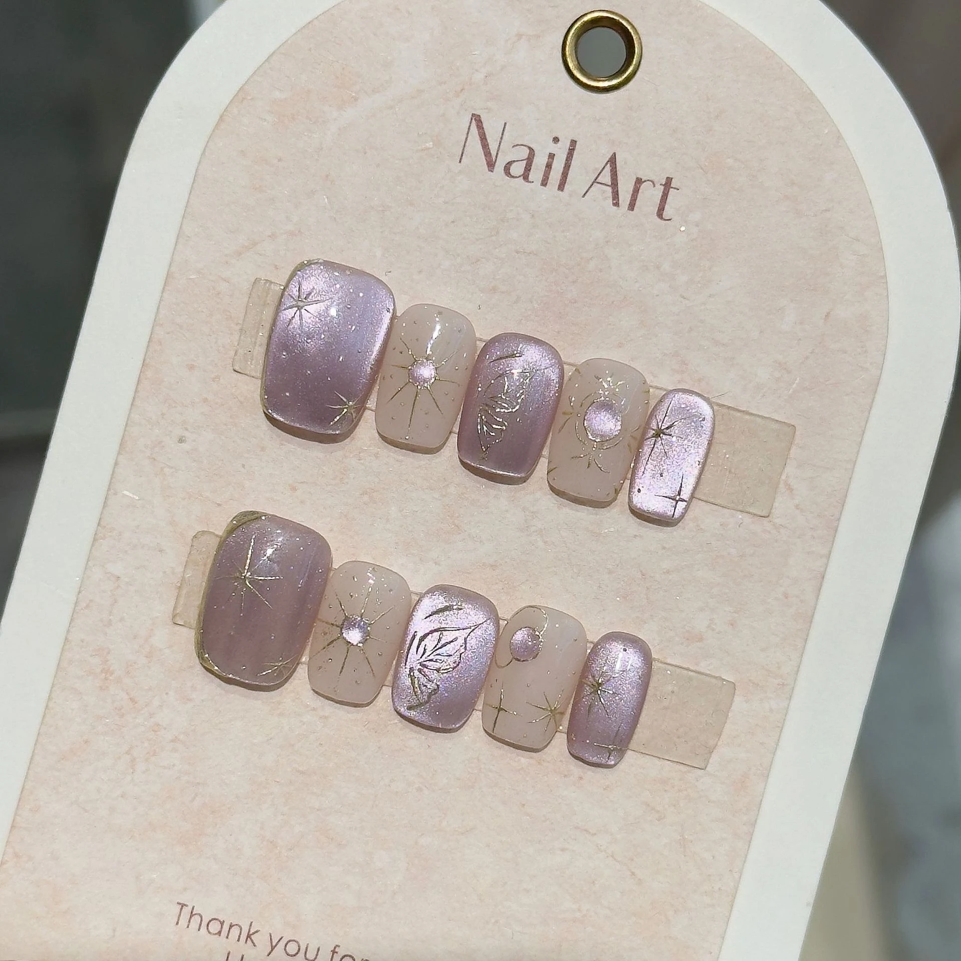 

10Pcs Purple Cat Eye Press on Nails Short Square Nail Hand Drawn Butterfly Fake Nails Delicate Glitter Diamond False Nails Tips