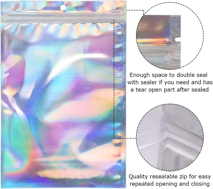 20/10pcs Iridescent Self-Sealing Bags Plastic Laser Holographic Clear Storage Bag Makeup Jewelry Zipper Bags Packaging Pouches