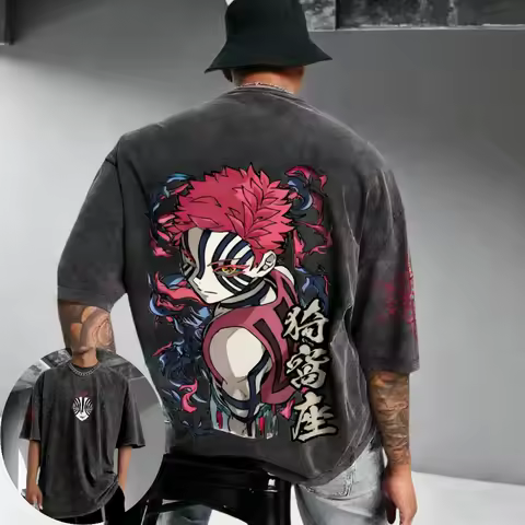Demon Slayer Men's and Women's Washed T-Shirt Akaza Summer and Spring Anime Tee Retro Distressed Fashion Versatile Short Sleeve