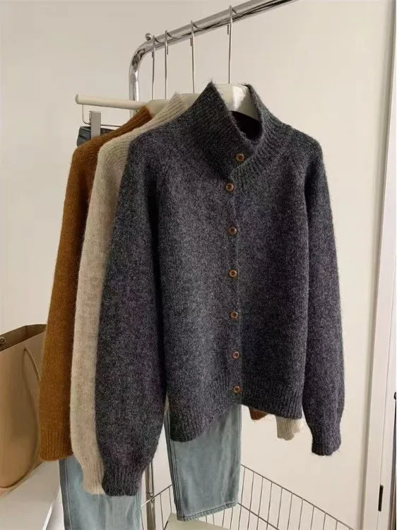 

Ele ort Thiened Knitted Cardigan Women's Autumn Winter High Collar Sweater Inner Wear Base irt Soft Loose Fit Long ...