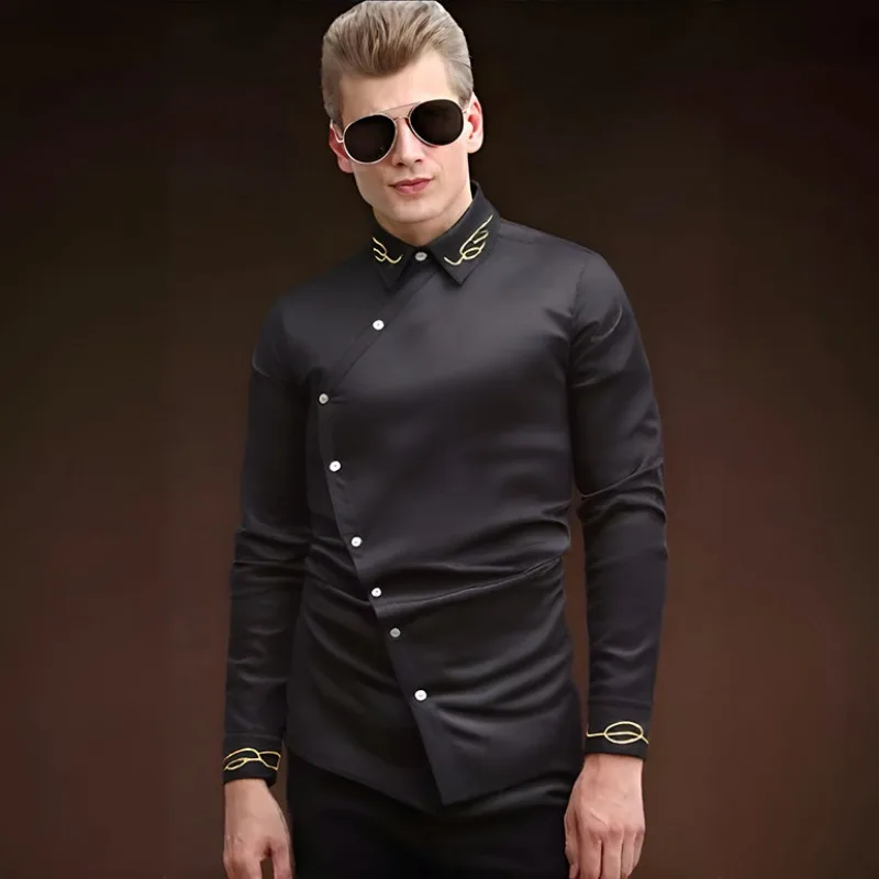 

Men's Black Asymmetric Button Down Shirt with Gold Embroidery Slim Fit Long Sleeve Business Casual Dress Shirt