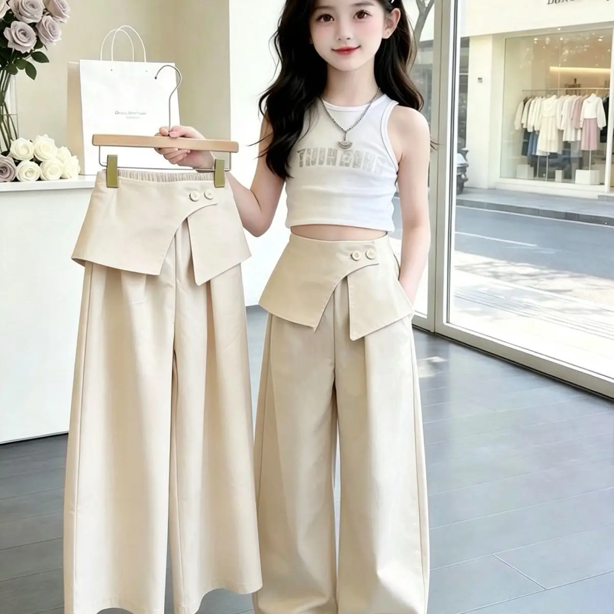 Girls Summer Light Wide Leg Pants 2026 New Kids Casual Nice Long Fashion Diaper Cover Straight Pants